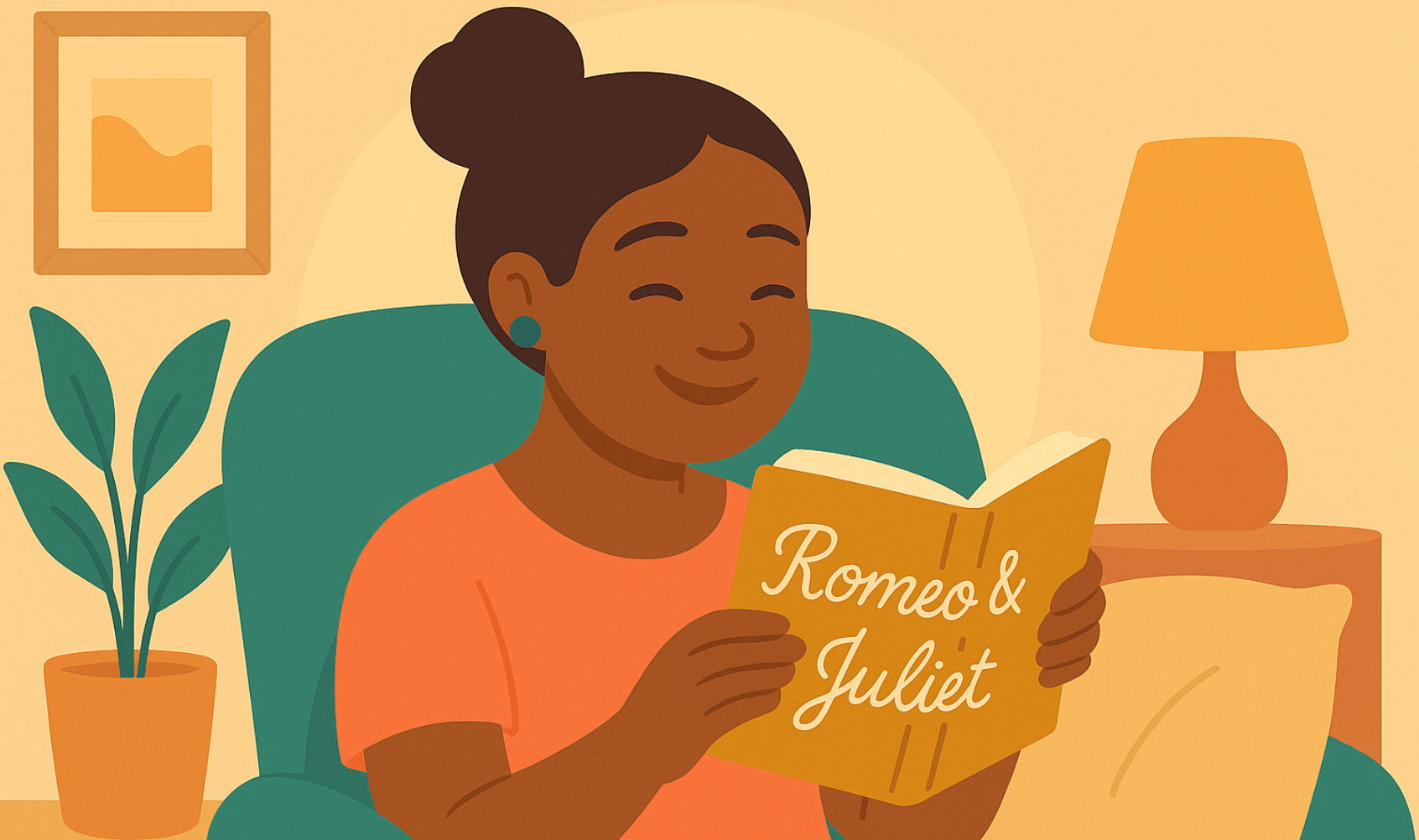 A young woman reading a book in her living room. 