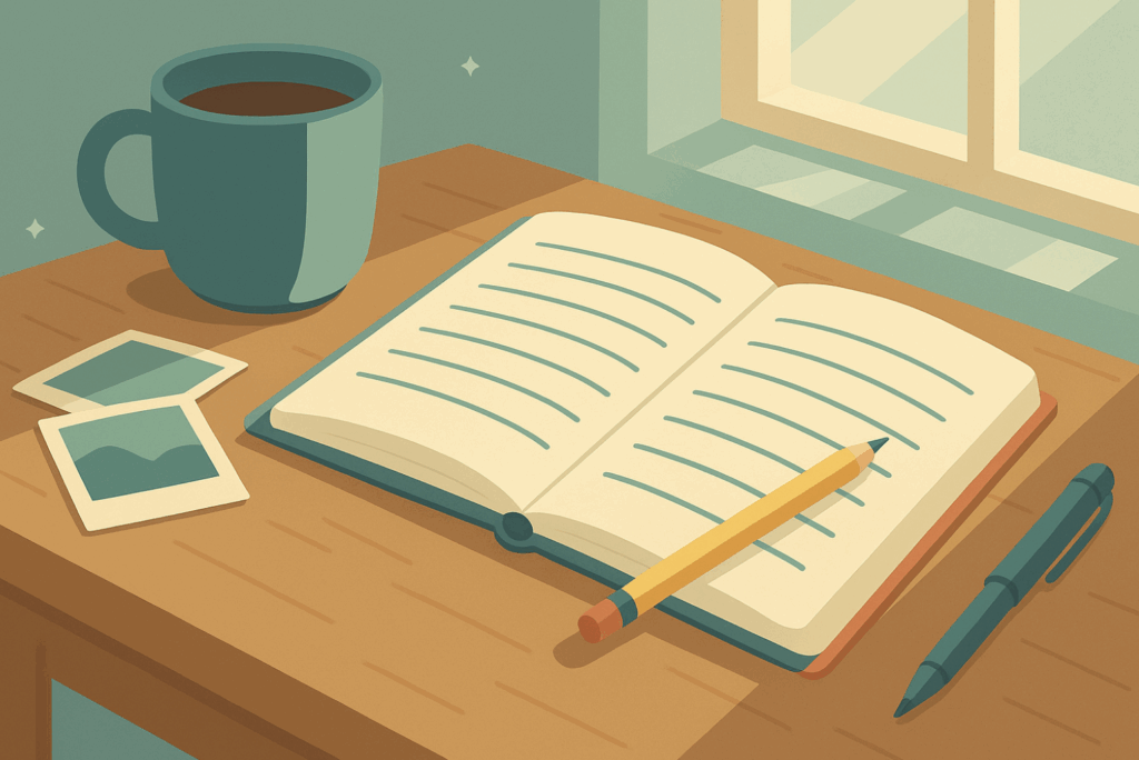 An open book on a desk with a cup of coffee. 