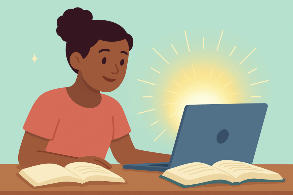 A young woman with her laptop open. She is creating a writing portfolio. 