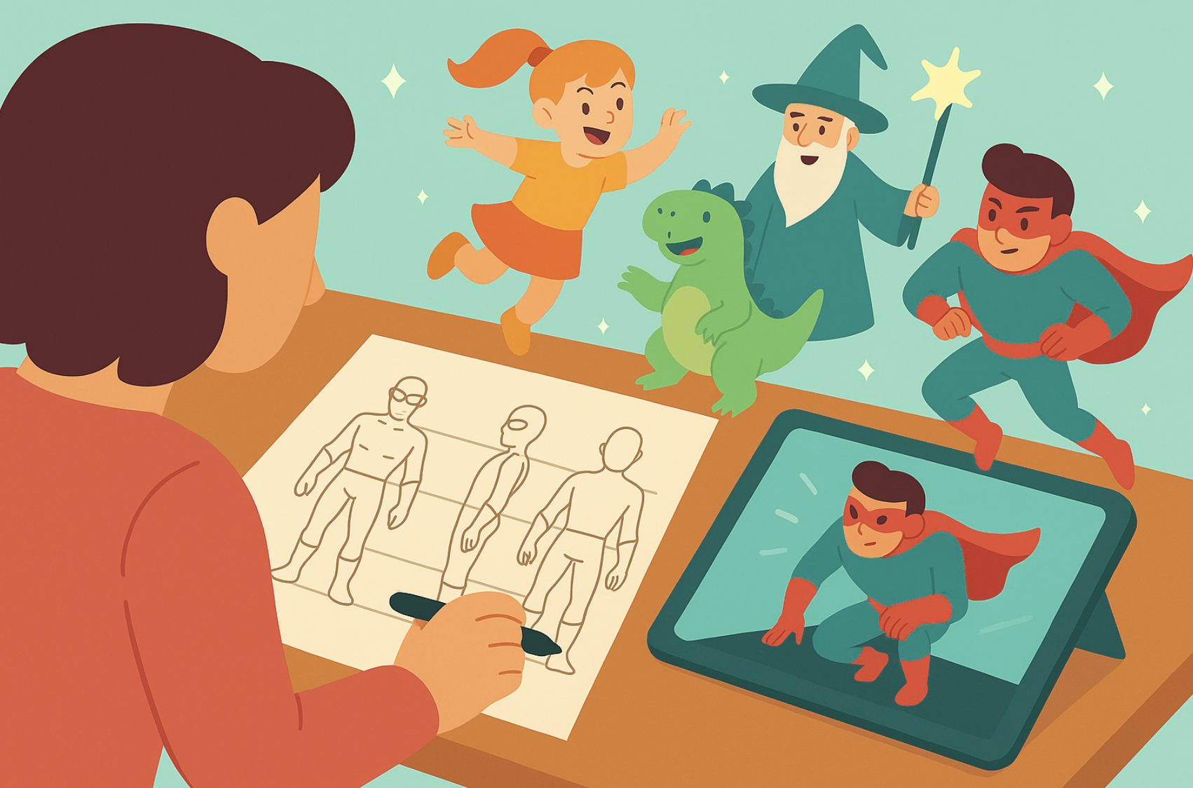 Stylized image of a woman drawing a character turnaround at her desk. She is drawing cartoon characters on a screen. 
