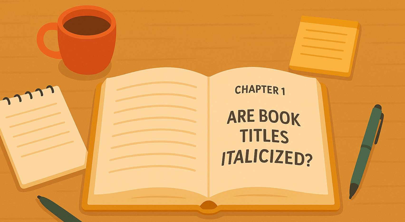A flat lay style image of an open book. Written on the page is: Are book titles italicized? 