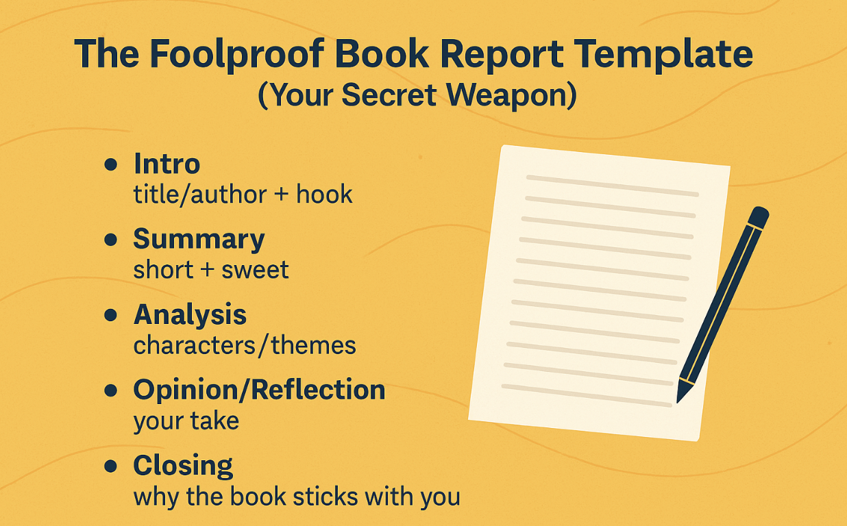 Graphic titled ‘The Foolproof Book Report Template (Your Secret Weapon)’ on a yellow background. The design shows a bulleted list with five sections—Intro (title/author + hook), Summary (short + sweet), Analysis (characters/themes), Opinion/Reflection (your take), and Closing (why the book sticks with you). An illustrated sheet of paper and pen appear on the right side.