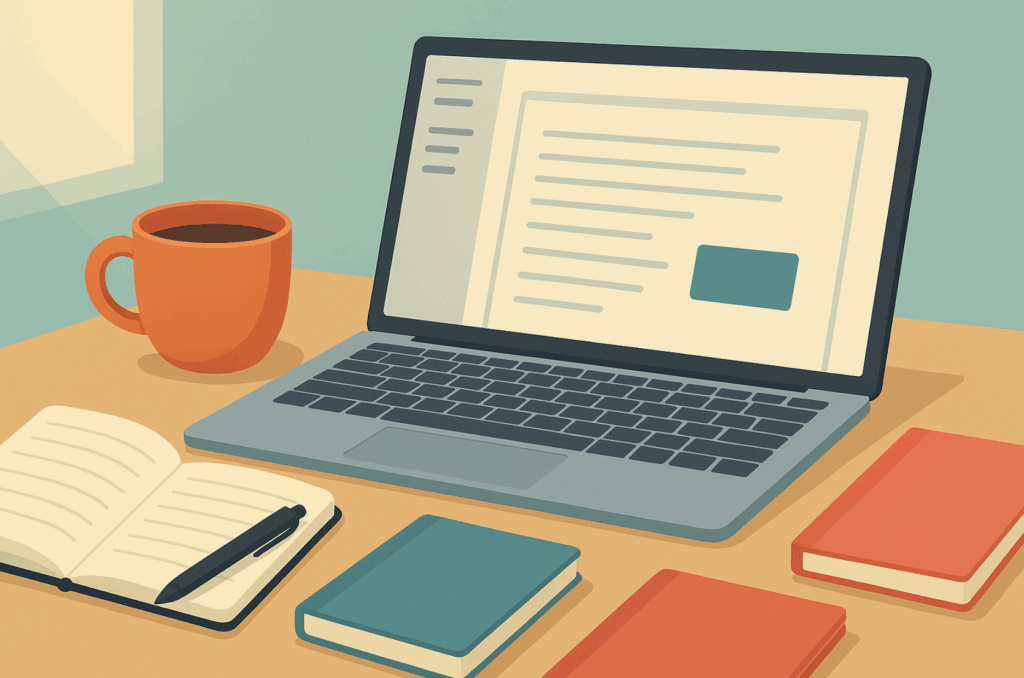 A cartoon style image of a laptop on a desk. The laptop is surrounded by notebooks and a cup of coffee. 