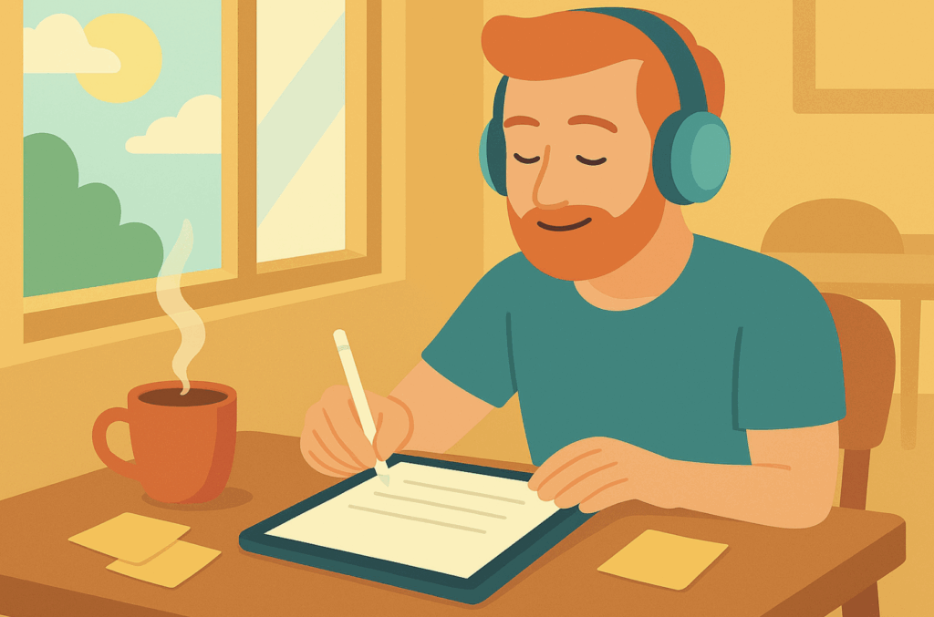 A cartoon styled image of a man writing on an iPad. He is using a writing app. He is in a light room with a cup of coffee on his desk.