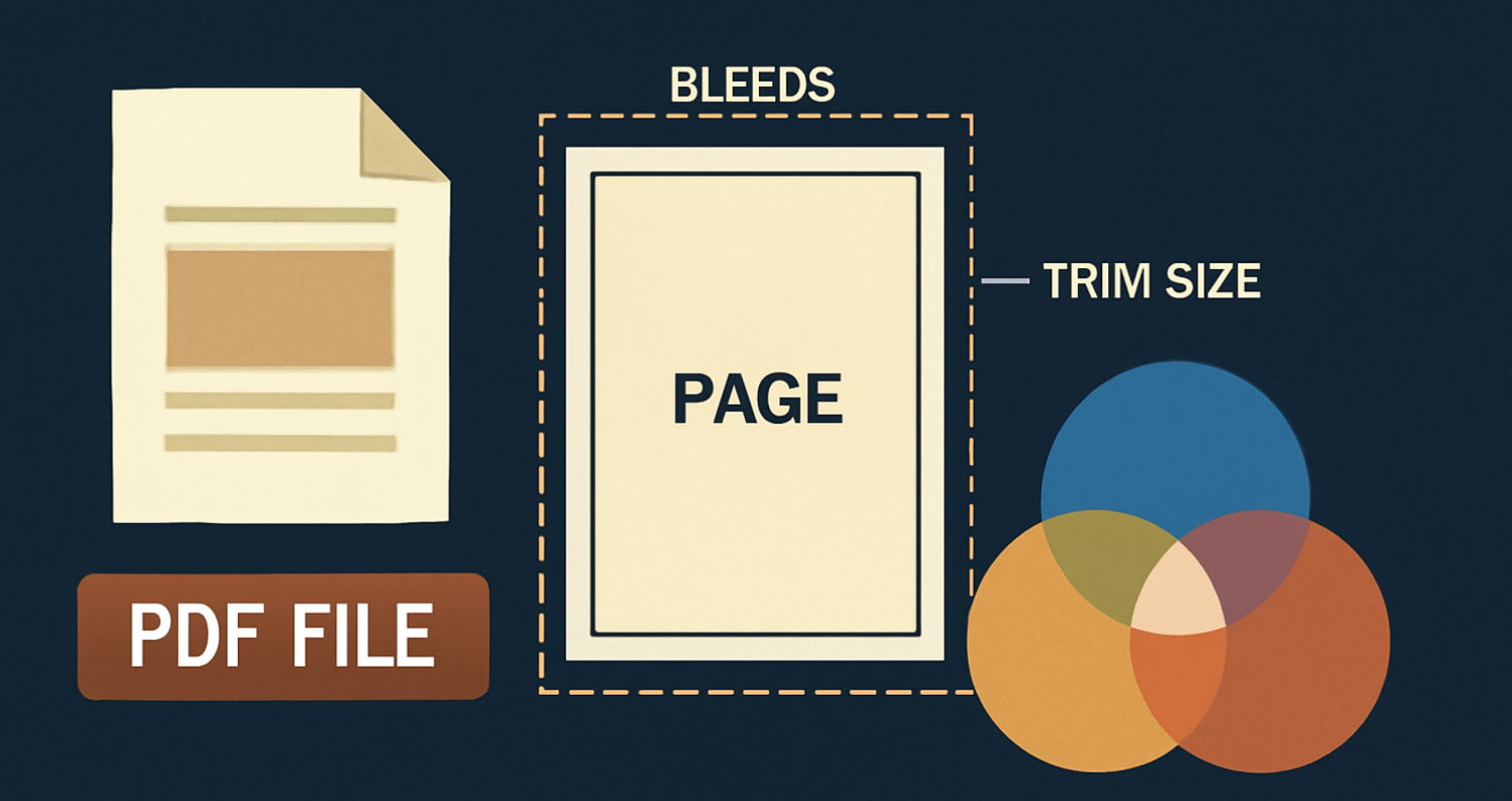An infographic showcasing key printing concepts for book layout, including a PDF file icon, an illustration of a page with highlighted bleeds and trim size, and a CMYK color profile Venn diagram. The design is set against a dark blue textured background, with each element clearly labeled and presented in a balanced, visually appealing layout.