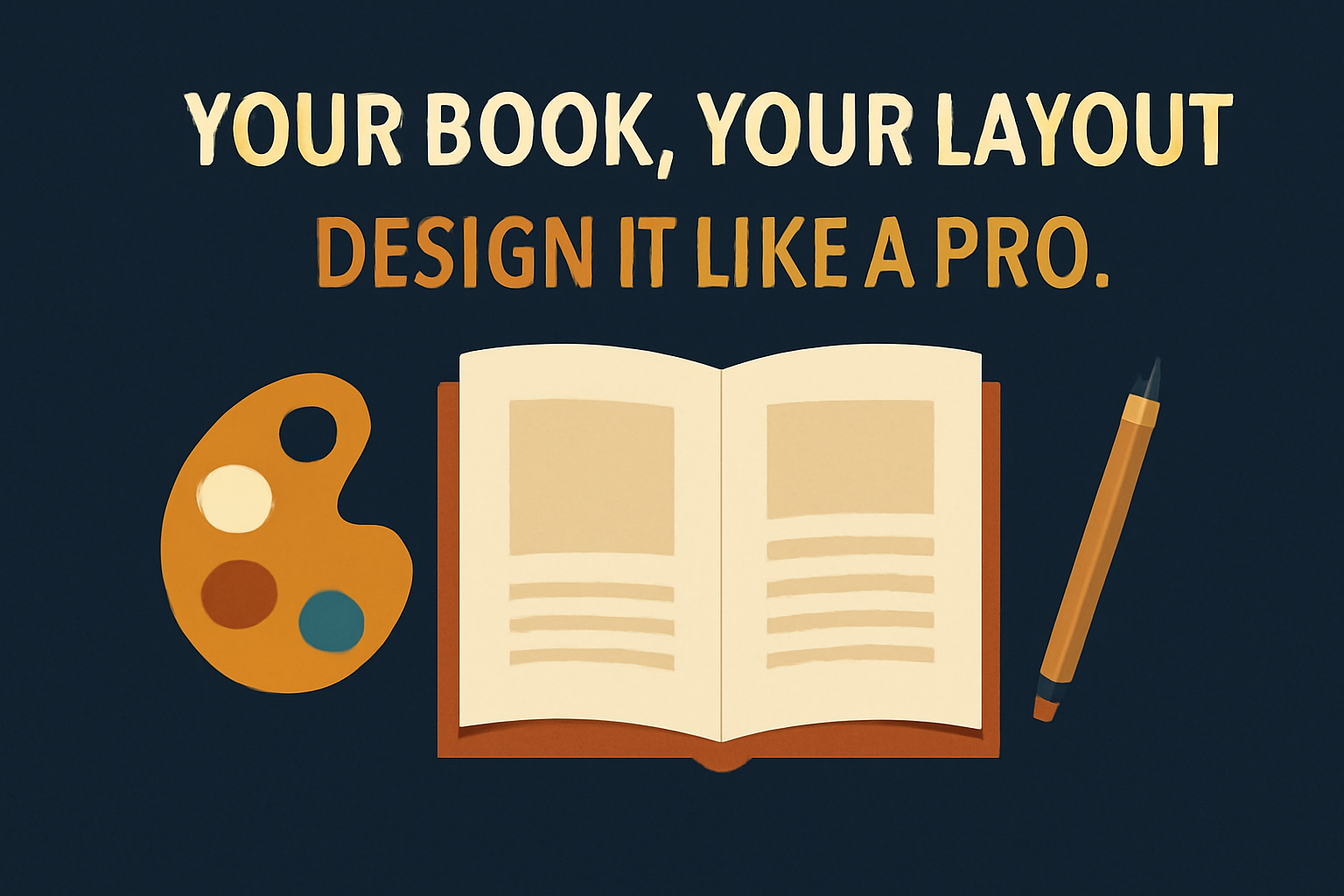 A digital illustration featuring the empowering message "YOUR BOOK, YOUR LAYOUT" in cream-colored text at the top, with "DESIGN IT LIKE A PRO!" beneath in warm orange-brown. The text is framed by an open book, an artist's palette with colorful paint dabs, and a sharpened pencil, set against a textured dark blue background. The design uses a harmonious color palette of dark blue, cream, and warm tones.