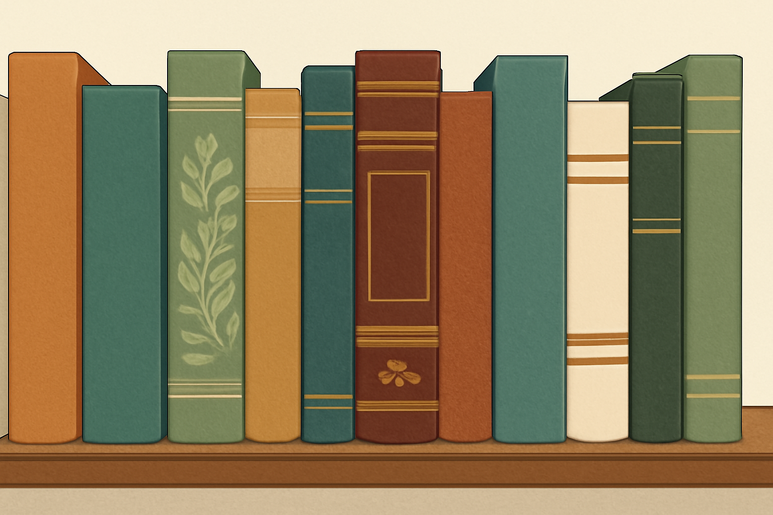 A vintage-inspired digital illustration of a bookshelf filled with hardcover books. The books vary in color, size, and design, featuring earthy tones like green, orange, and burgundy, along with intricate details such as gold embossing and botanical illustrations on the spines. The shelf is set against a soft, off-white background, giving the scene a warm, nostalgic feel with subtle lighting and shadows.