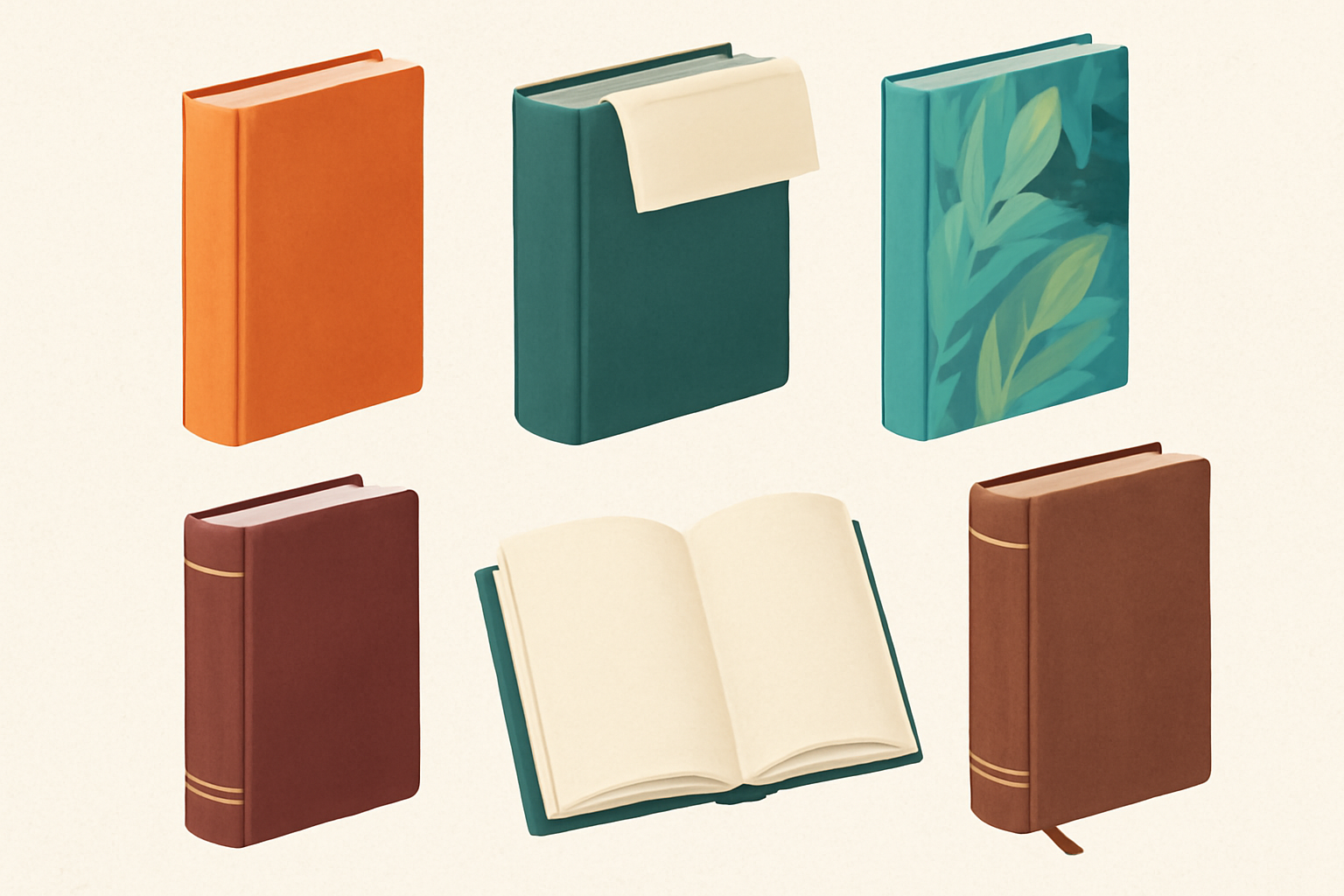 A digital illustration showcasing six hardcover books in two rows, each representing a different style. The books feature various bindings and designs, including a vibrant orange case wrap, a teal clothbound with a dust jacket, a green book with a leafy illustration, and a rich burgundy leather-bound book with gold accents. The books are arranged with clean lines, soft shadows, and a light beige background, emphasizing their distinct colors and textures.