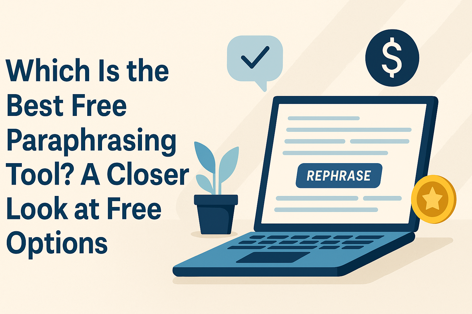 A clean, flat-style digital illustration with a soft beige background. On the left, bold blue text reads “Which Is the Best Free Paraphrasing Tool? A Closer Look at Free Options.” To the right, a blue laptop displays a “REPHRASE” button on its screen, symbolizing paraphrasing tools. Surrounding the laptop are icons: a blue checkmark in a speech bubble, a dollar sign representing free use, and a gold coin with a star. A small potted plant adds a friendly touch. The layout is modern, minimalistic, and professional.