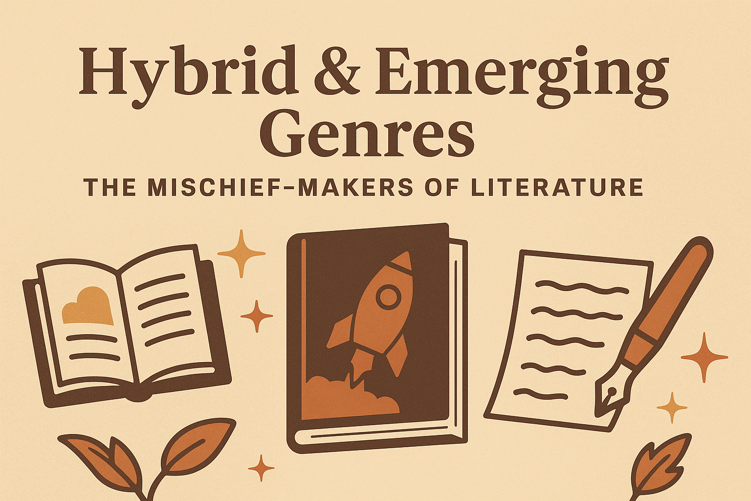 A vintage-style banner with a warm beige background featuring the heading “Hybrid & Emerging Genres” and the subheading “The Mischief-Makers of Literature” in bold serif lettering. Surrounding the text are illustrated elements: an open book with a heart icon, a book with a rocket on its cover, a sheet of paper with handwritten lines, and a fountain pen. Decorative stars and leaves in earthy tones of brown and orange add a playful, retro touch to the design.