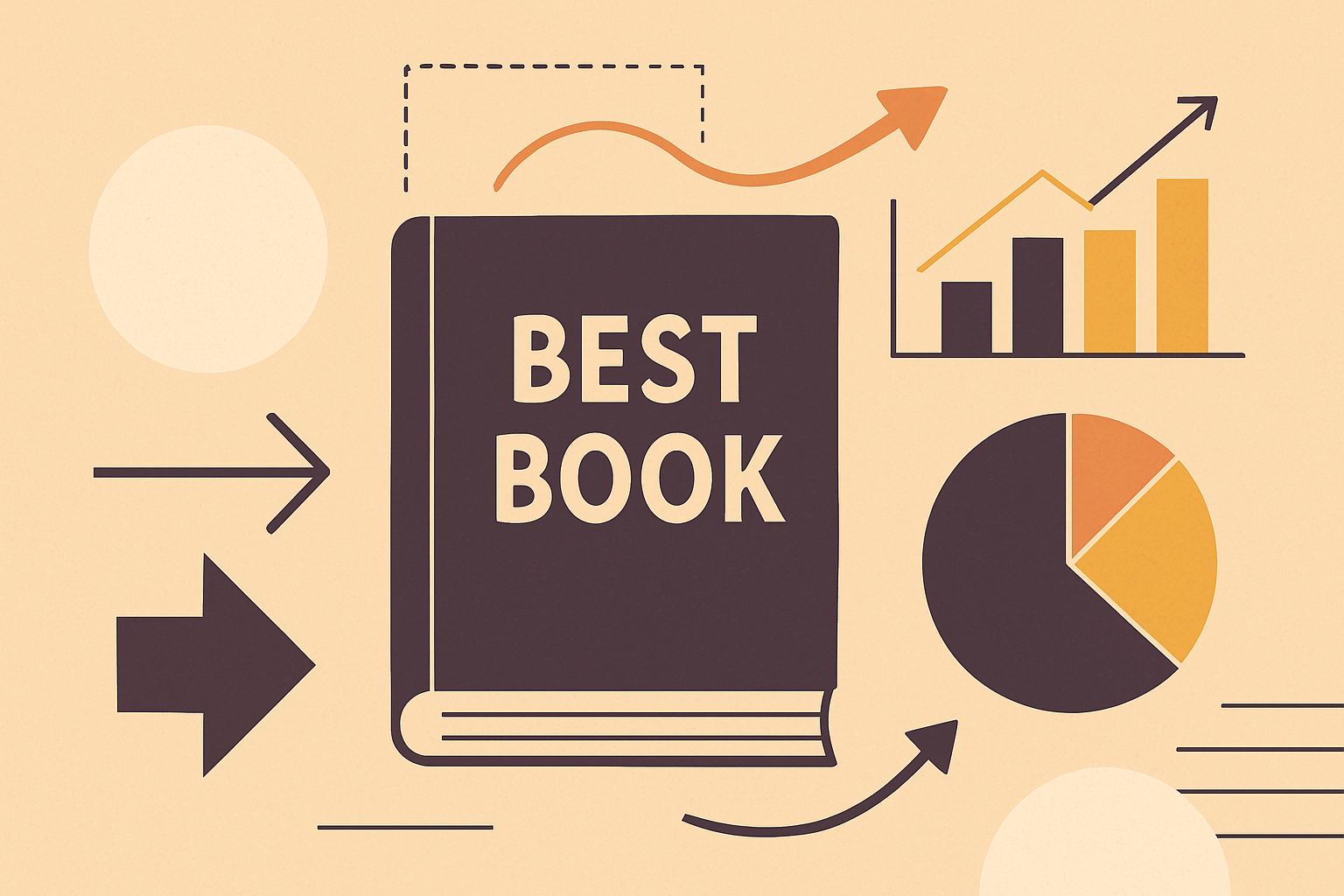 Horizontal digital illustration featuring a dark purple book labeled ‘Best Book’ surrounded by intricate visual elements including arrows, charts, a bar graph, and a pie chart, all set against a warm beige background with a modern, minimalist design style.
