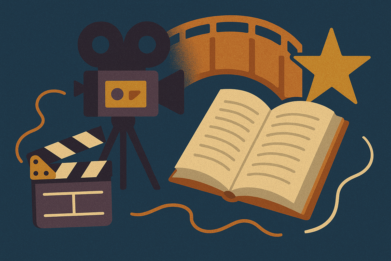 Illustration of an open book, vintage film camera, clapperboard, film strip, and star arranged on a deep blue background in warm orange and gold tones, symbolizing the connection between storytelling and movie adaptations.